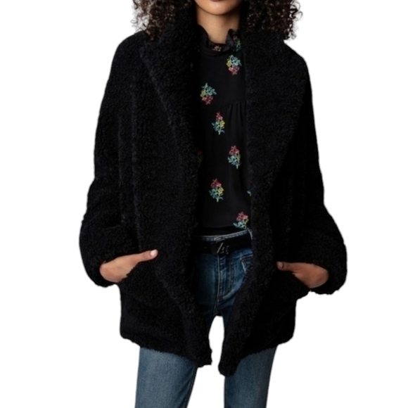 ZADIG AND VOLTAIRE FLEUR SOFT‎ CURLY FAUX FUR COAT BLACK S - Picture 1 of 14